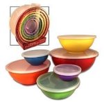 colorful mixing bowls, food preparation